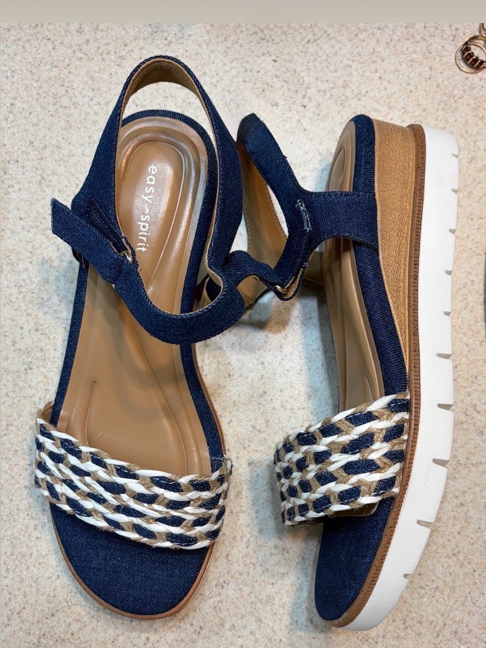 Easy Spirit Navy Braided Wedge Slingback Sandals